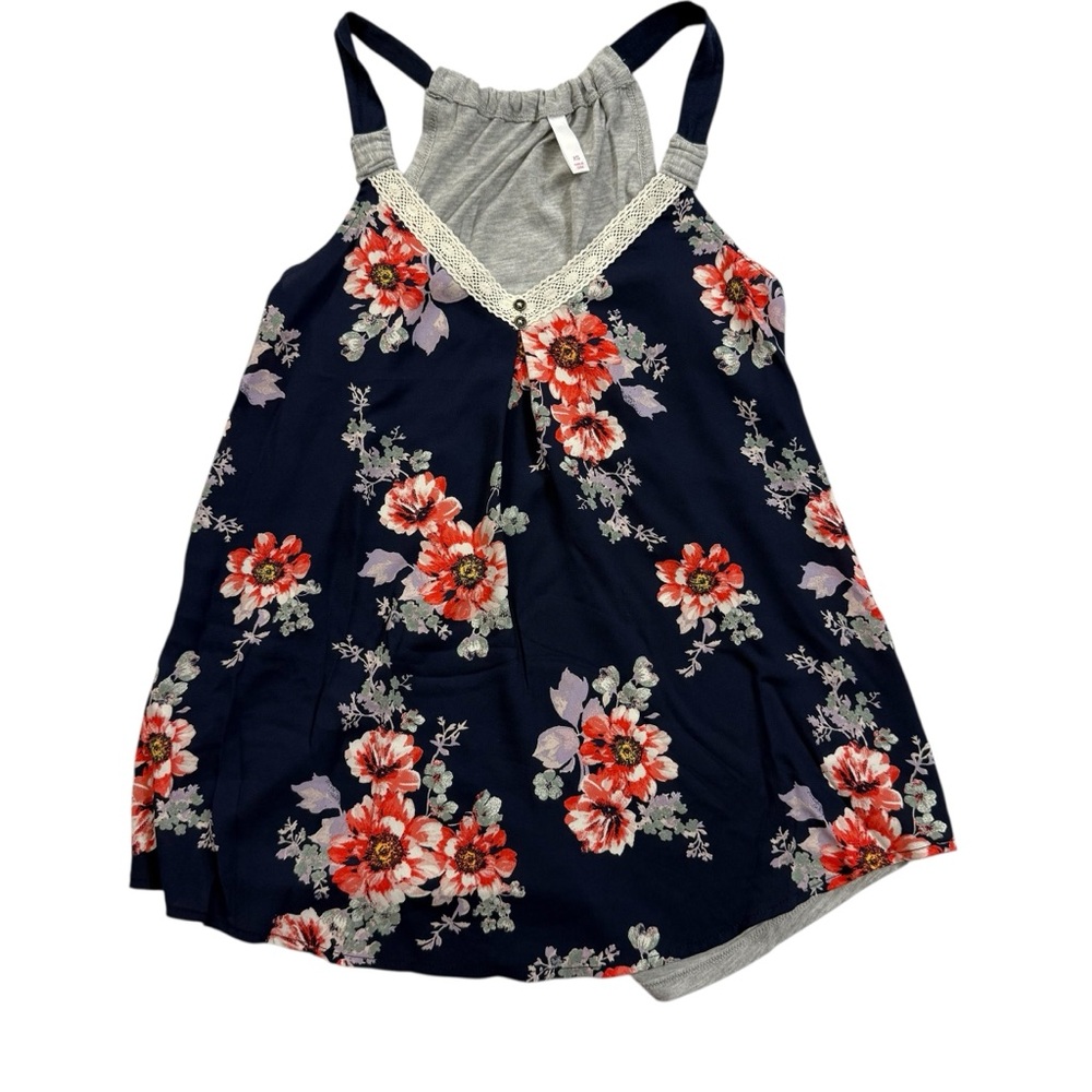 Women’s Sleeveless Tank Top XS Navy Blue Floral Front with Lace NWOT